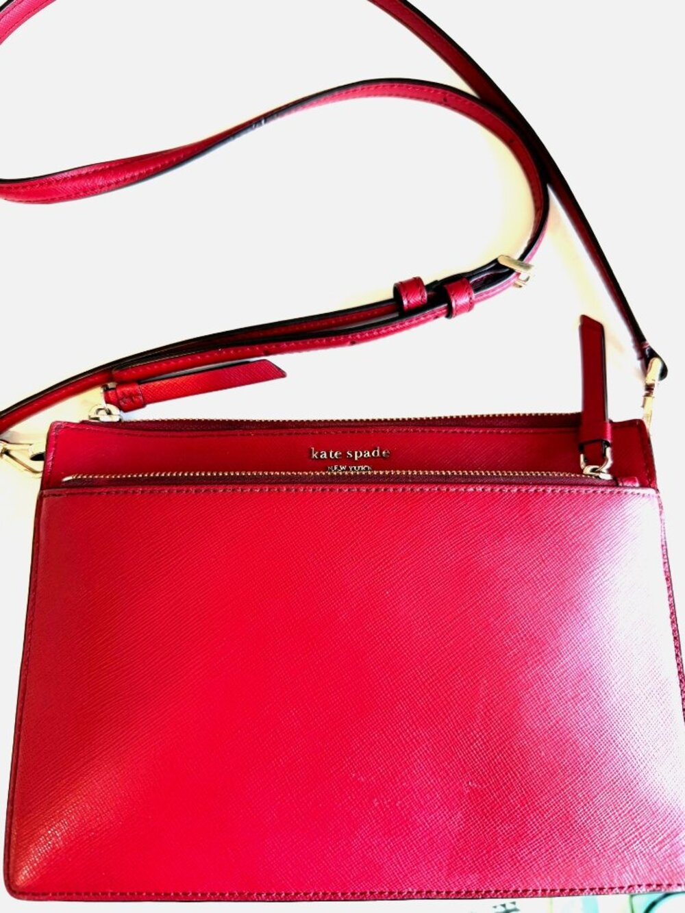 Kate Spade New York Red Saffiano Leather Crossbody Purse Front Zipper